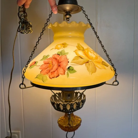Vintage Swag Hanging Lamp Milk Glass Globe Light Hurricane Floral brass chain